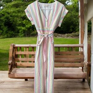 LOFT White and Red Wrap Midi Dress with Tie Front